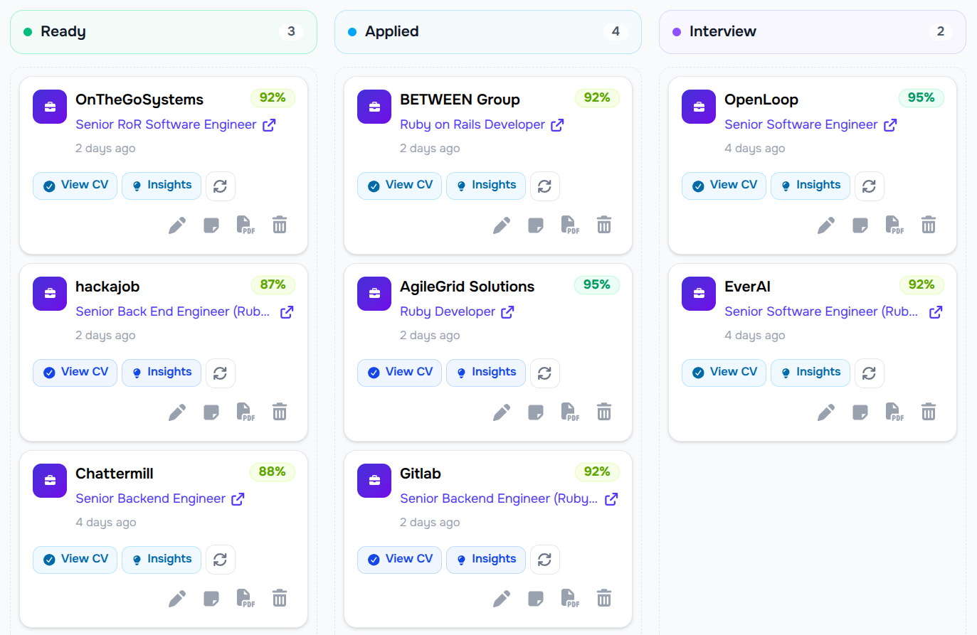 10xCV kanban board with Ready, Applied, and Interview columns and match score badges on each card