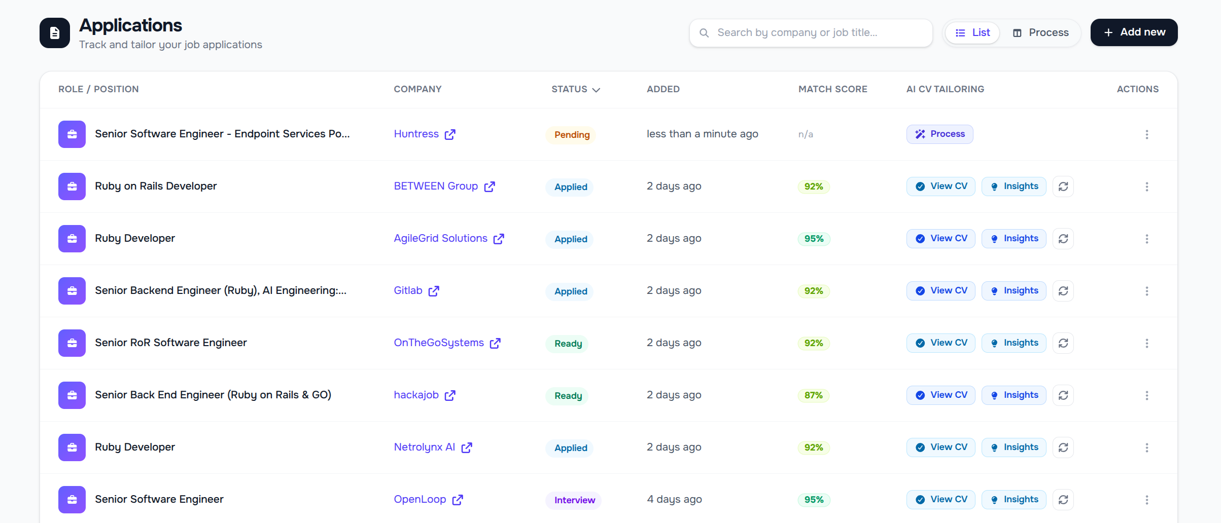 10xCV job applications list showing roles, companies, statuses, match scores, and AI CV tailoring actions