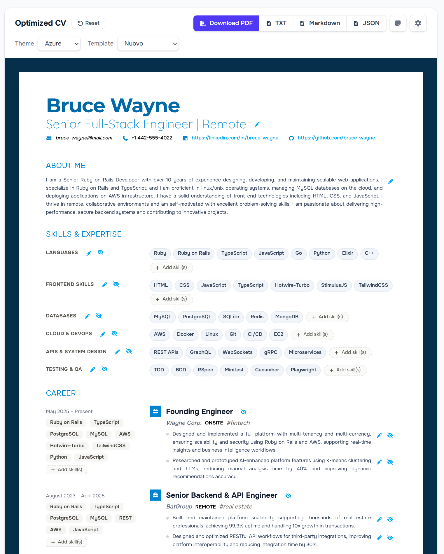 10xCV optimized CV editor with theme and template controls, skill categories, career bullets, and PDF download
