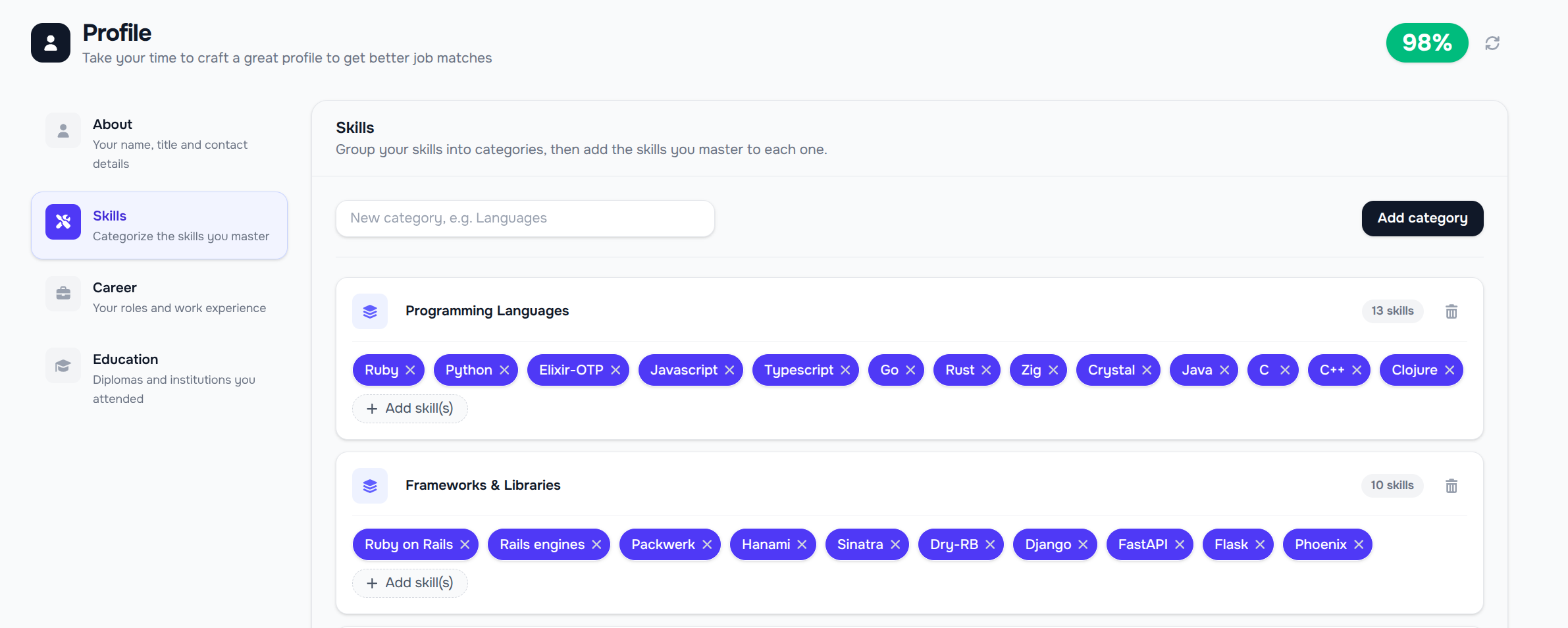 10xCV profile skills editor with categorized skill tags for programming languages and frameworks